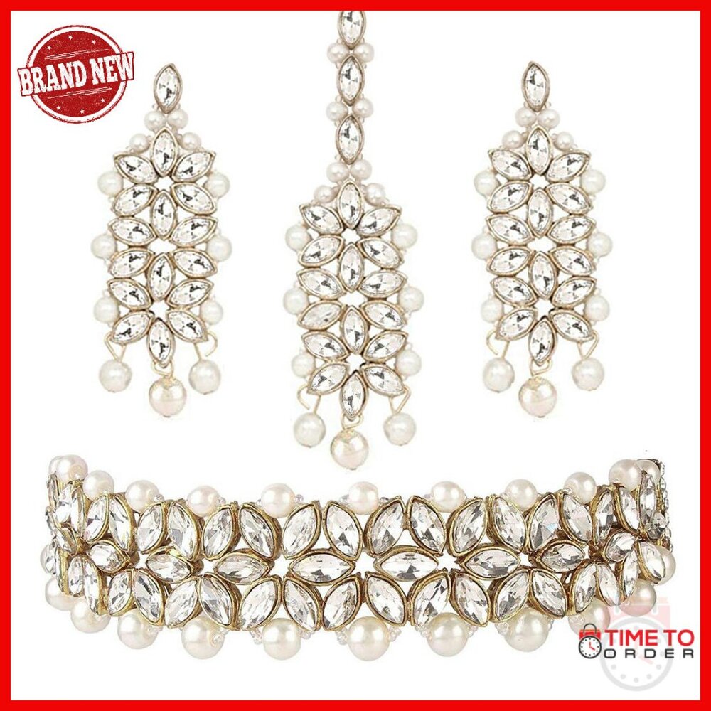 Gold Plated Kundan Jewelry Set With Necklace Earrings Mang Tika